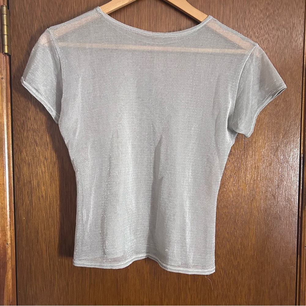 Mesh Silver Sheer Women's Top Whimsygoth Grunge Glittery Retrofuturism - Picture 2 of 2